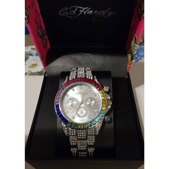 BNIB~Ed Hardy Women's Multi-Color Crystal Silver Analog Watch - Picture 1 of 5